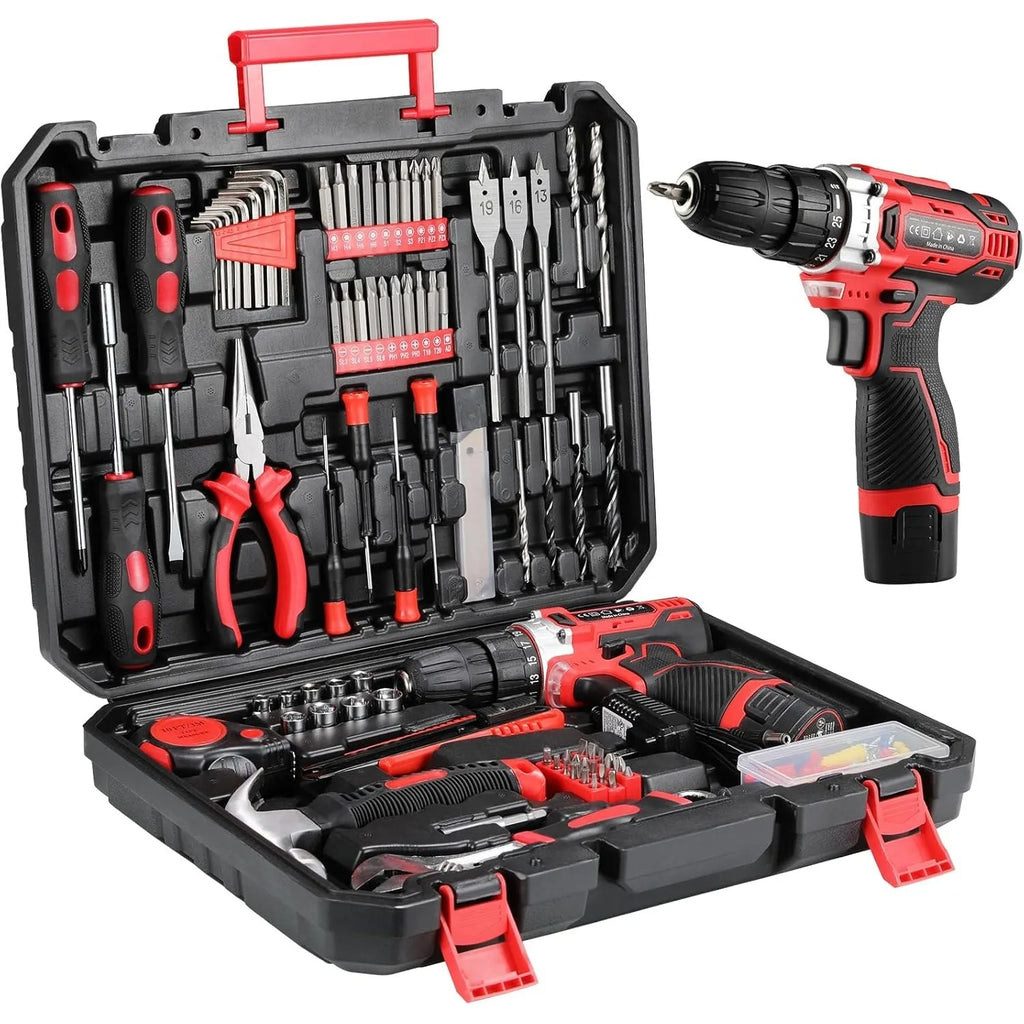 138-Tool Box with Cordless Screwdriver - Extensive Tool and Drill Set w/ 12V Electric Cordless Drill for Repairs and Maintenance