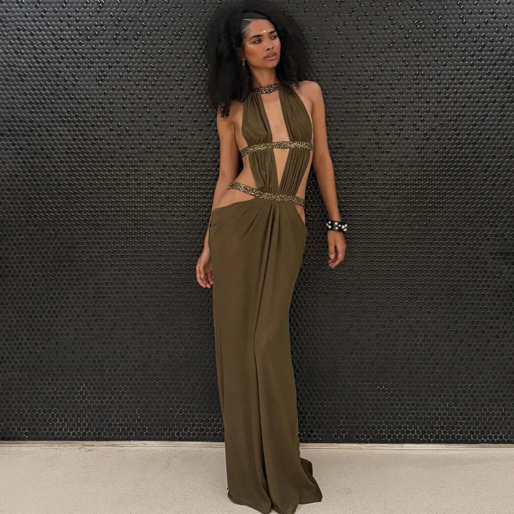 Sexy Women's Maxi Dress Halter Hollow Out Backless Sleeveless Ruched Evening Long Dresses Party Chic Robe Green Purple Summer