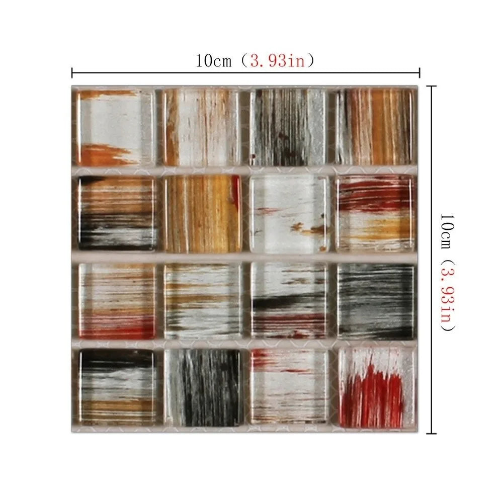 Set of self-adhesive 3D mosaic tile wall stickers in brown, gray, and red squares