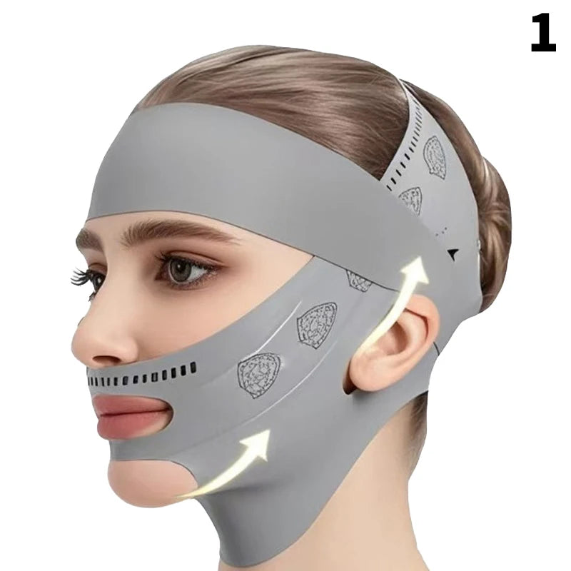 Grey double-deck face slimming bandage strap for V-line lifting and double chin reduction worn on a woman's face.