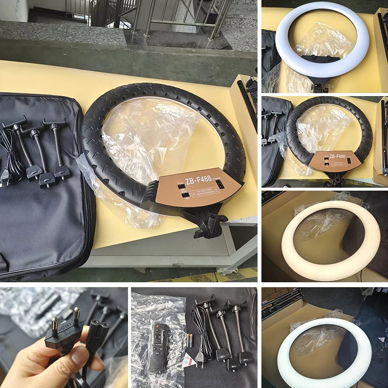 ZB-F488 ring light with black plastic housing, smartphone mounts, power cord, remote, and bag for photography lighting.