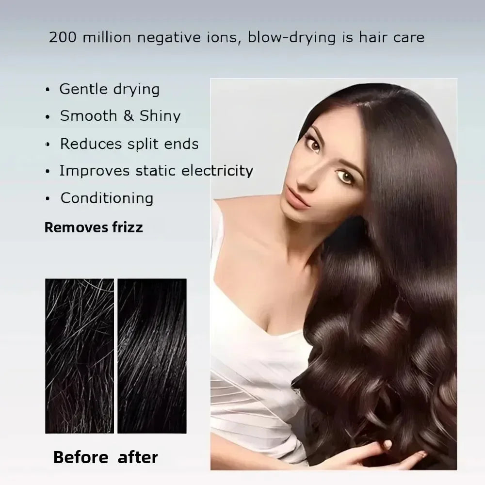 Negative ion high-speed bladeless hair dryer for frizz-free, shiny hair. Fast-drying, silent, and portable for travel.