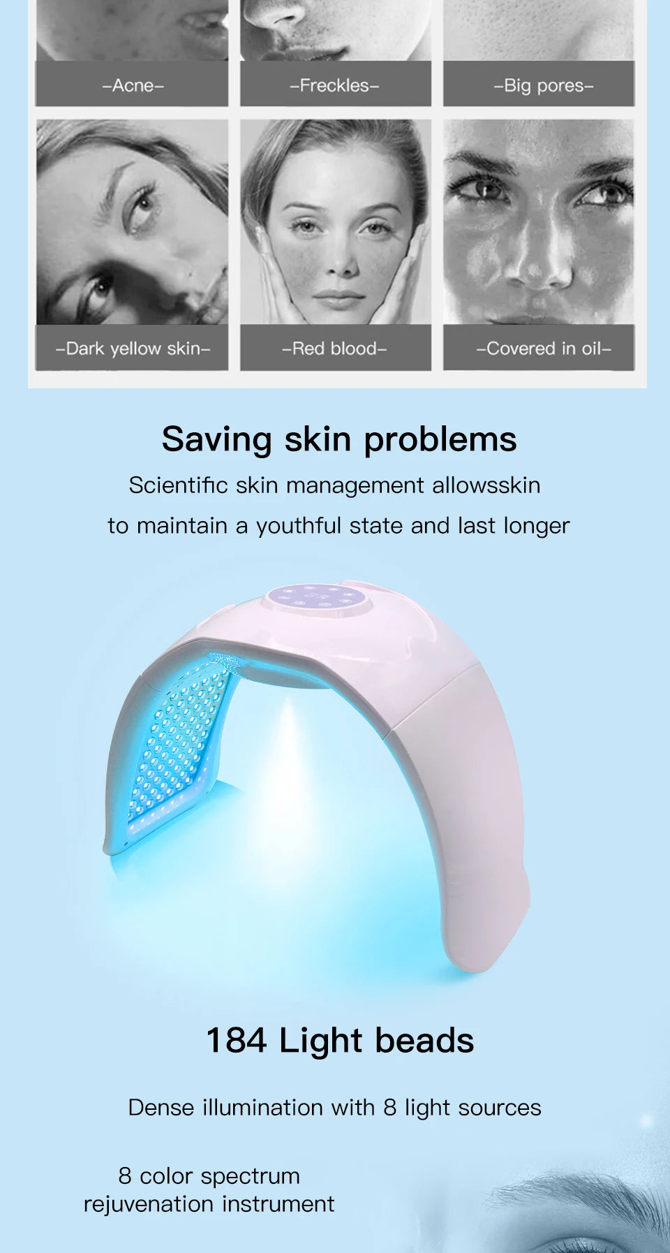 8-color LED light therapy facial mask device with 184 beads for skin rejuvenation, acne, and anti-aging home use.