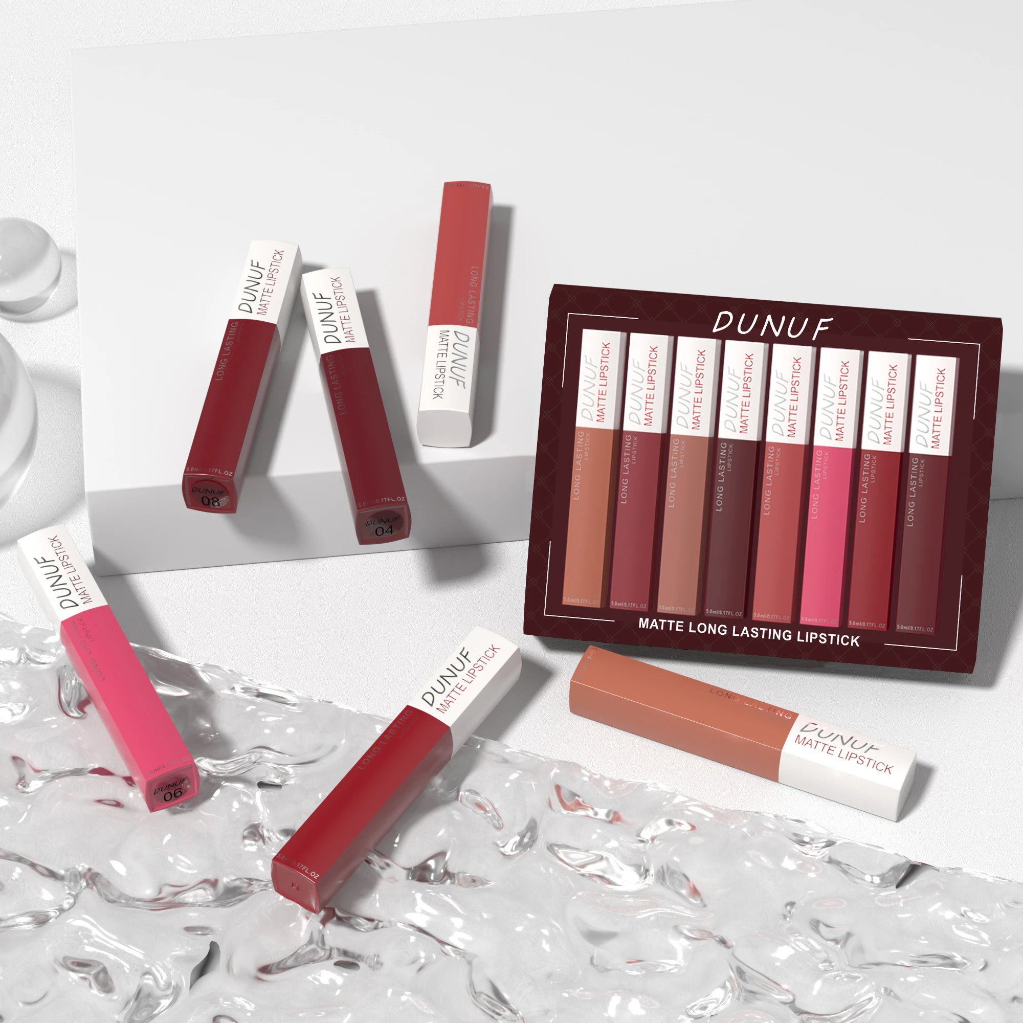 8-piece Dunuf matte liquid lipstick set featuring waterproof, long-lasting nude, red, and mauve shades in elegant tubes.