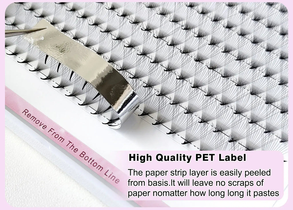 Volume eyelash extension fans on a removable silver PET sticker strip for clean application.