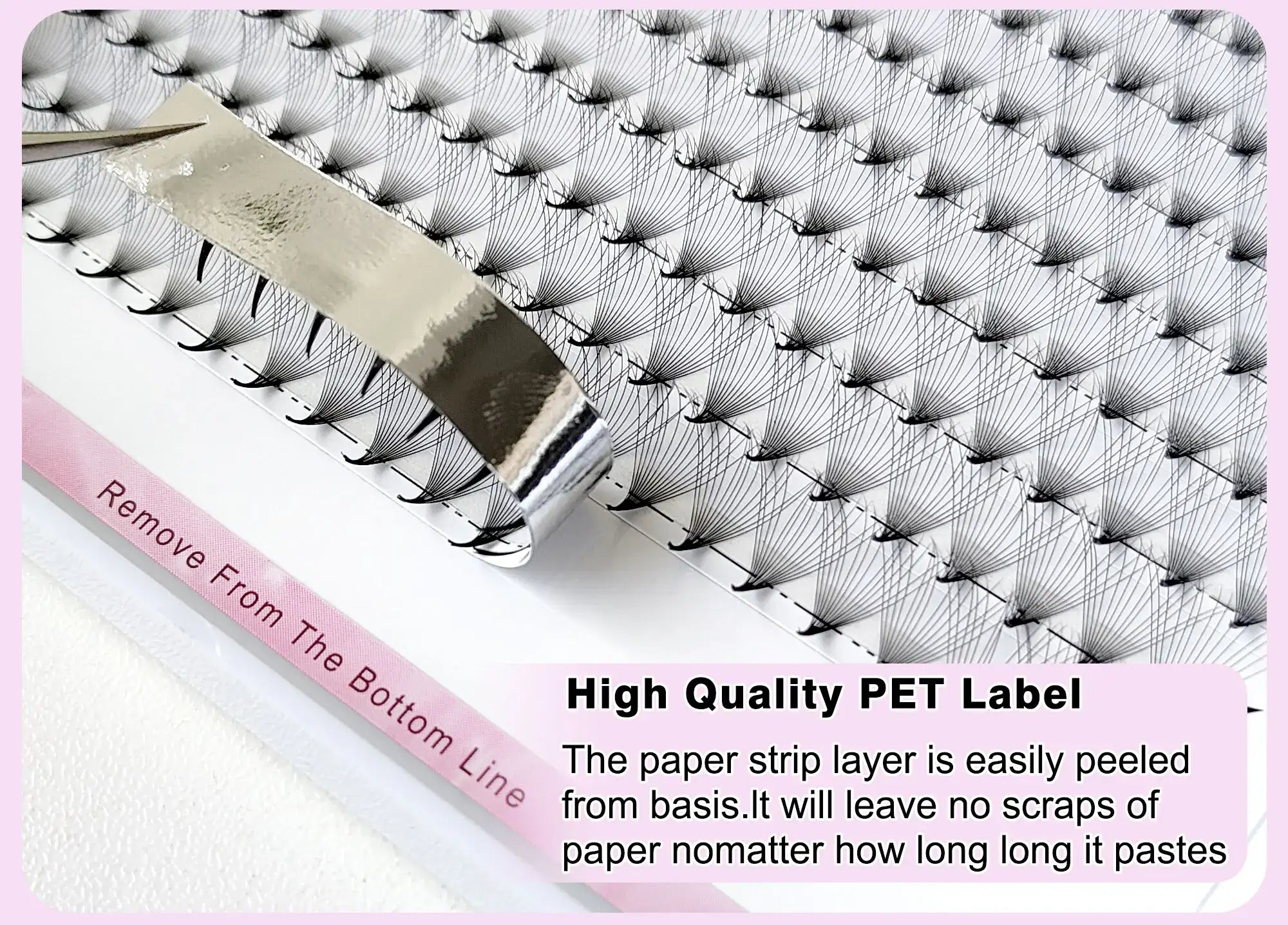 Volume eyelash extension fans on a removable silver PET sticker strip for clean application.