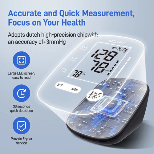 Black digital arm blood pressure monitor with large easy-to-read LED display for accurate home health wellness tracking.