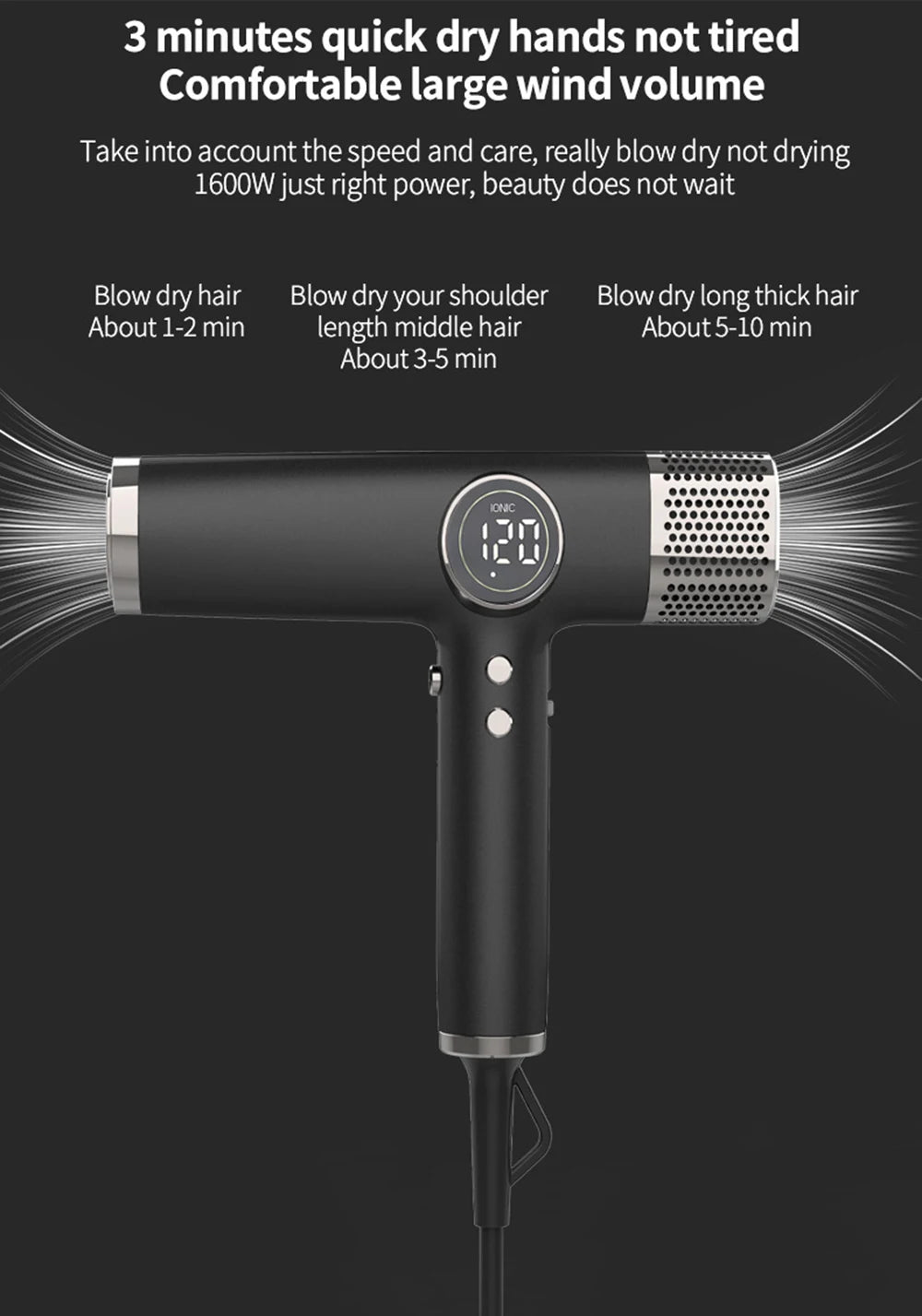 Black professional 110,000RPM ionic hair dryer with digital display for fast, salon-quality blow drying.