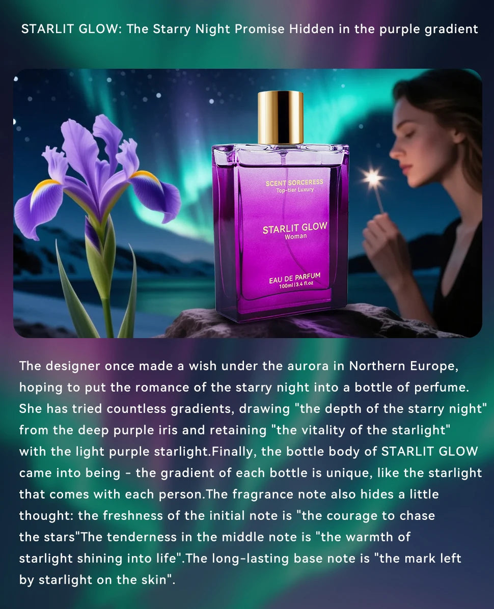 Starlit Glow by Scent Sorceress: 100ml women’s purple gradient glass EDP perfume with fresh iris floral notes.
