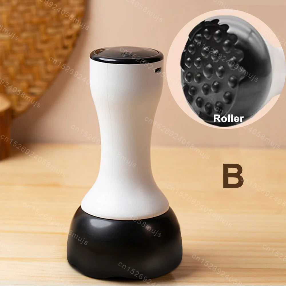 White and black handheld electric Gua Sha massager with a textured black roller attachment for therapy.