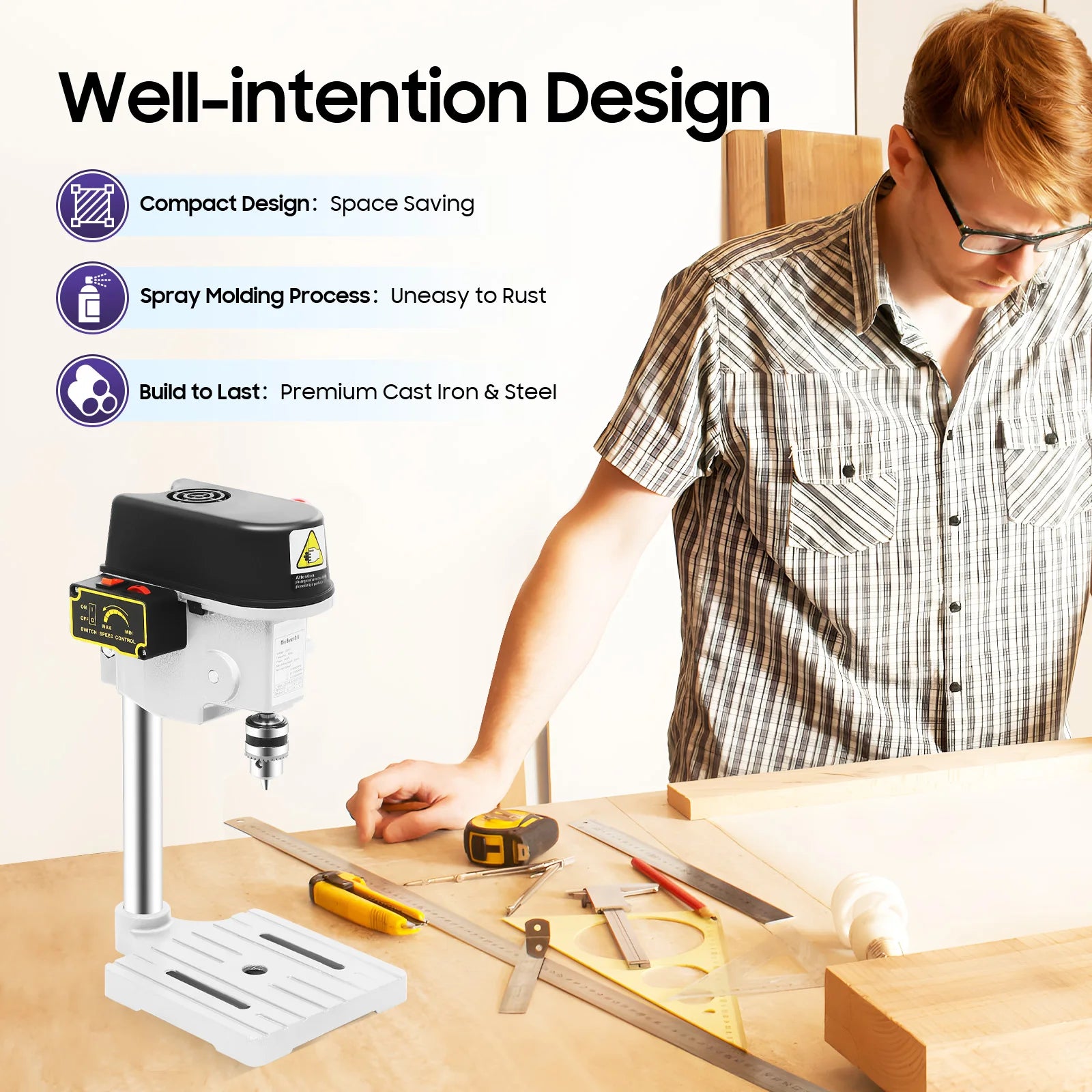 340W 220V Mini Bench Drill Press Corded Mini Table Drill,3 Adjustable Speed Benchtop Drill Press for DIY Creation Woodworking Metal Drilling
