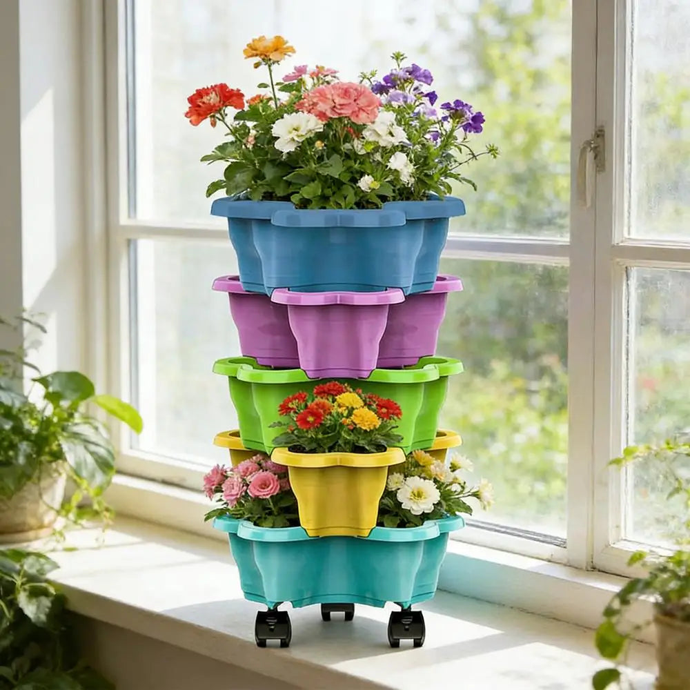 Stackable Vertical Planter 4/5-Tier with Wheels Weatherproof Plastic Flower Pot Garden Towers for Vegetable Strawberry Planter