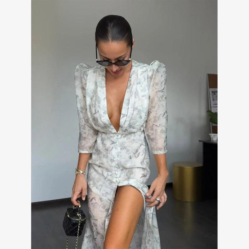 Fashion Sexy Organza Floral Printed Maxi Dress V-neck Puff Sleeve 2026 New Summer Romantic Women Party Gown Elegant Lady Vestido