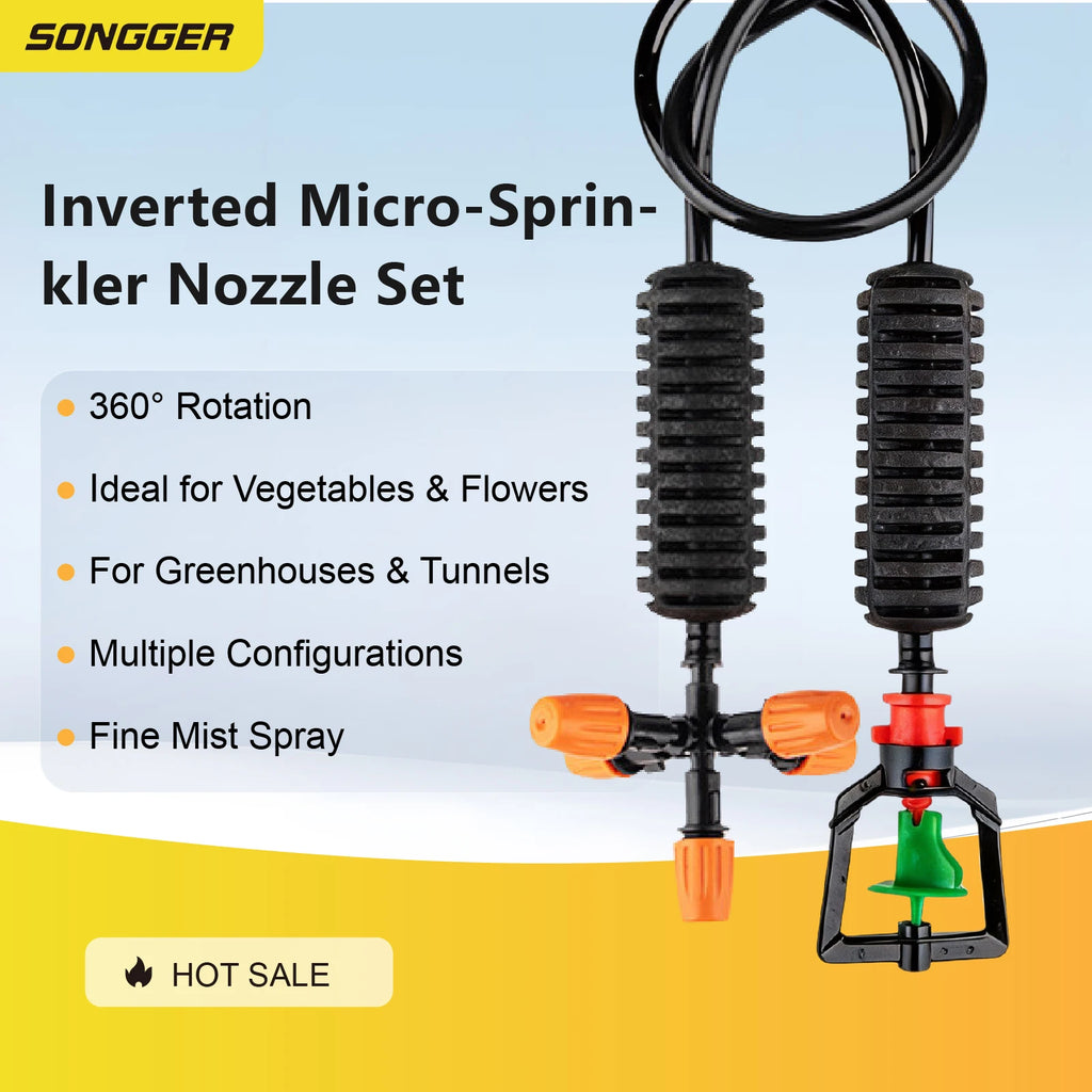 Inverted micro-sprinkler nozzle set with 360° rotating heads and outlet caps