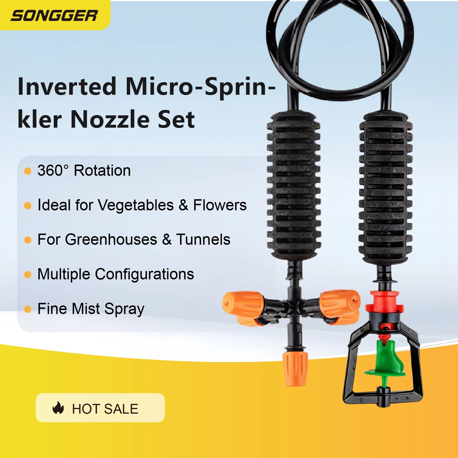 Inverted micro-sprinkler nozzle set with 360° rotating heads and outlet caps