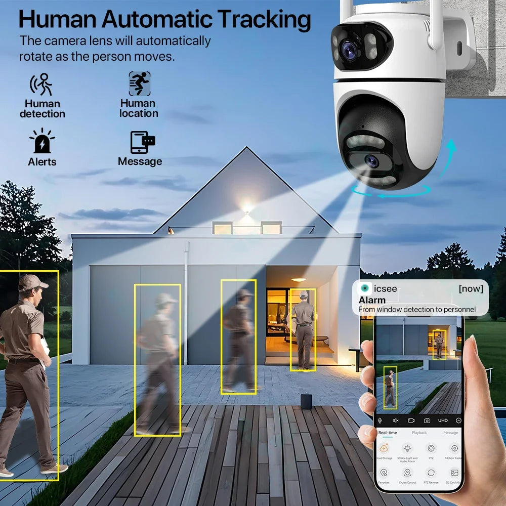 8MP 4K HD Wifi PTZ Camera iCsee APP Dual Lens Dual Screens Video Surveillance IP Camera Ai Tracking Outdoor Home Security CCTV