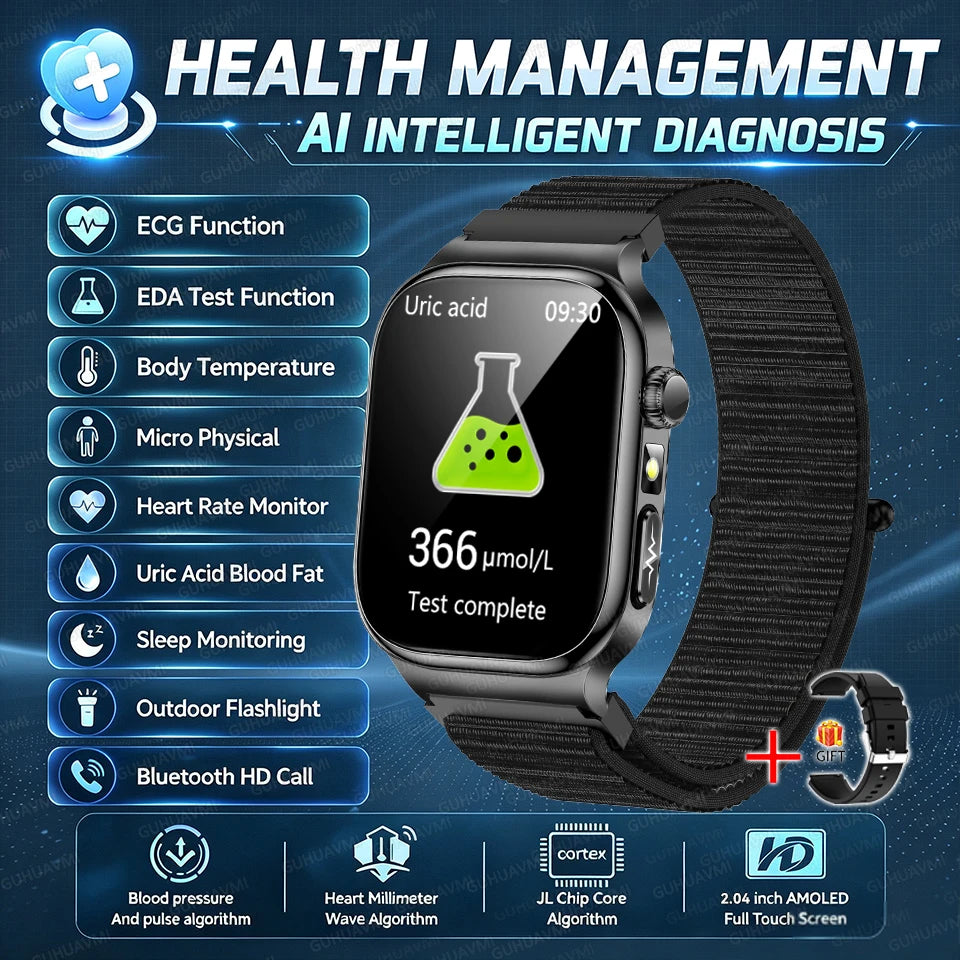 2026 New Accurate Diagnosis Smart Watch Body Fat ECG Blood oxygen BP Health Sport HD AMOLED Screen Call Smart Watches man woman