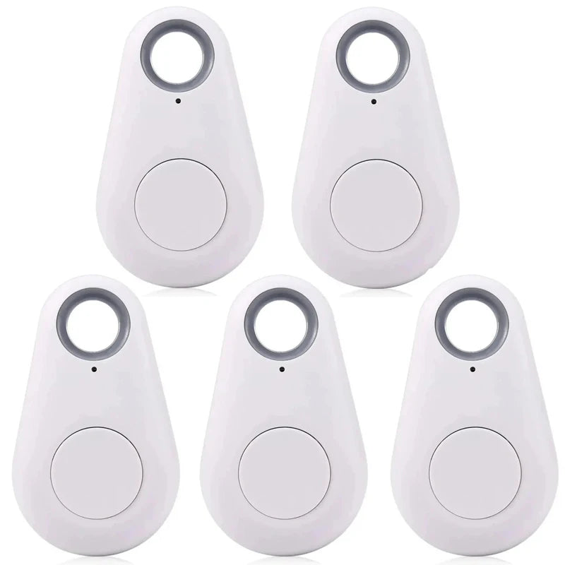 White mini Bluetooth GPS tracker tags for pet collars, keys, and bags. Wireless anti-lost alarm locator for iOS/Android.