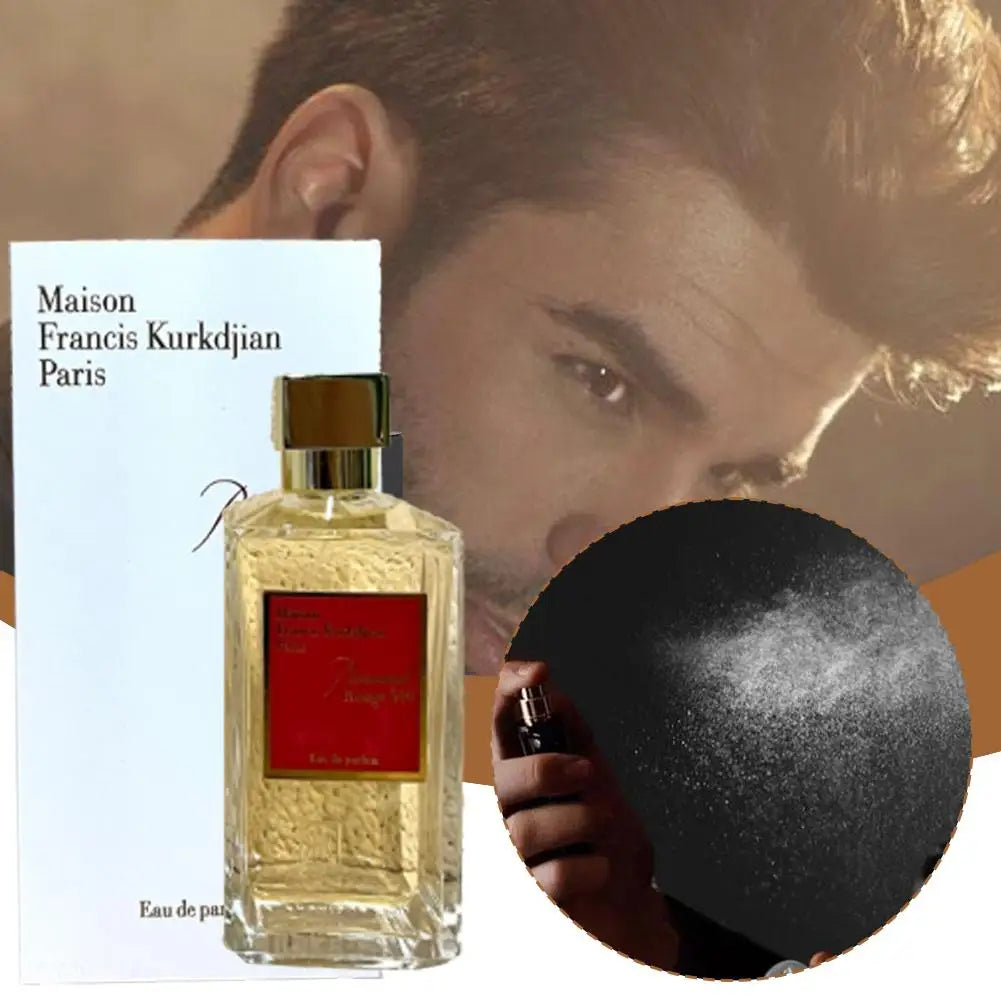 Baccarat Rouge 540 rectangular glass perfume bottle with a red label and gold cap, shown next to a fragrance mist.
