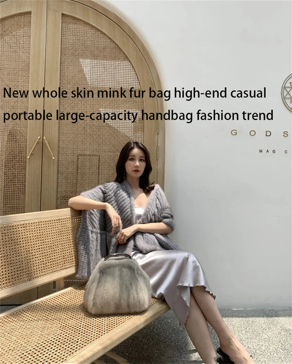 Women's Mink Fur Handbag 2026 New Fashion Designer Fluffy Fur Wrist Bag Large Capacity Soft Shopping Bag Girl Cute Handbag