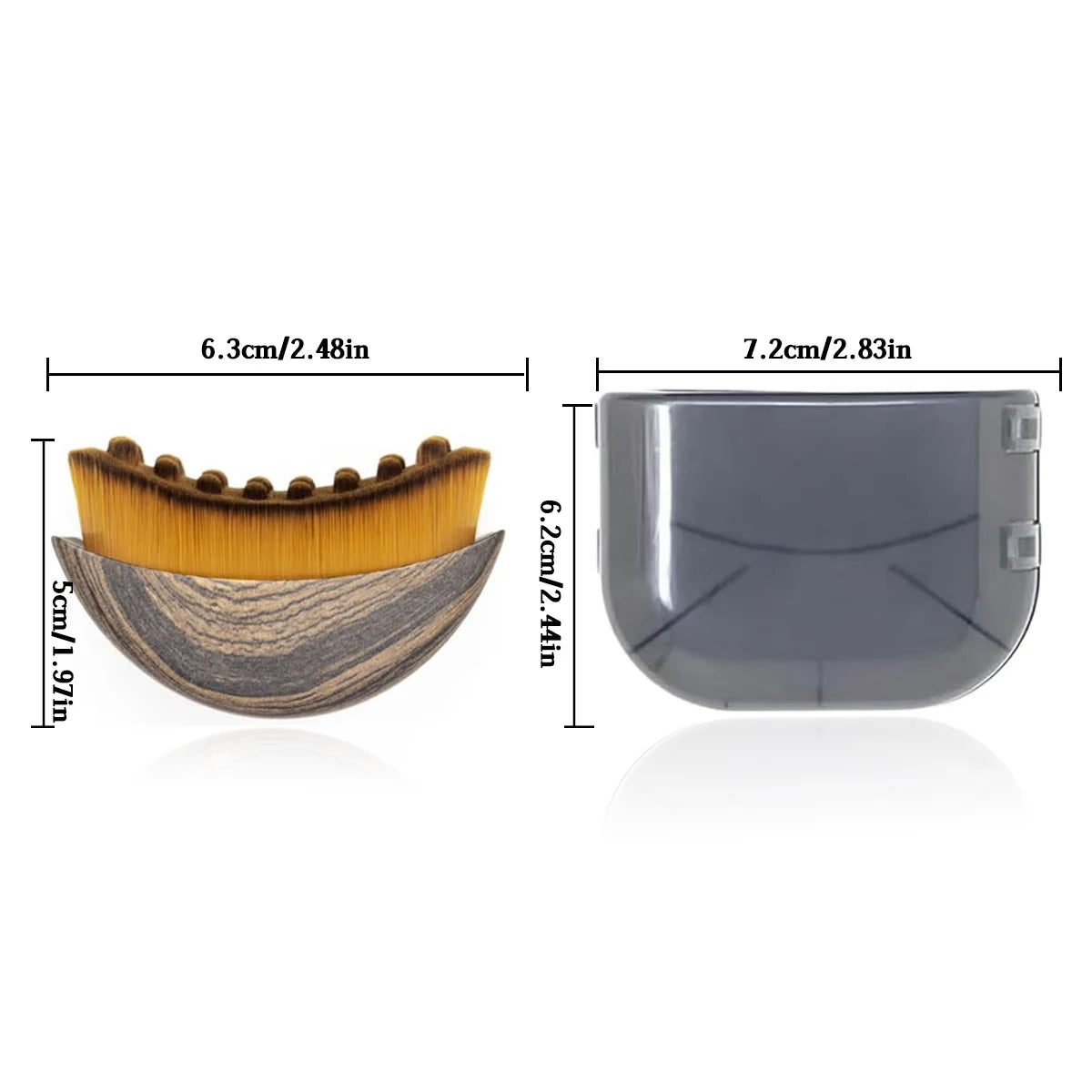 Curved facial massage brush with wood-grain base, yellow bristles, and a grey plastic storage case with dimensions.