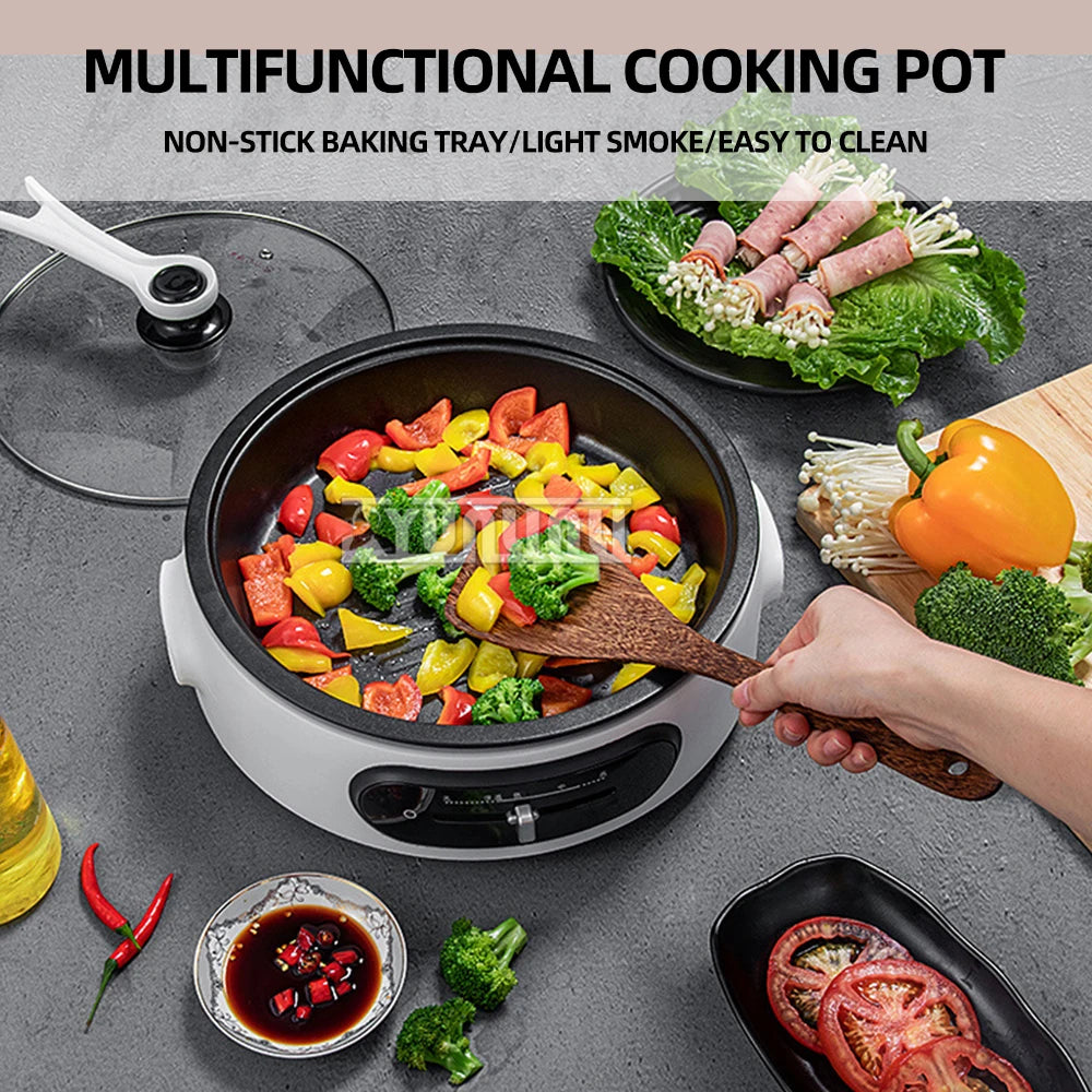Portable electric multi-cooker with glass lid, black control panel, and vegetable meal inside