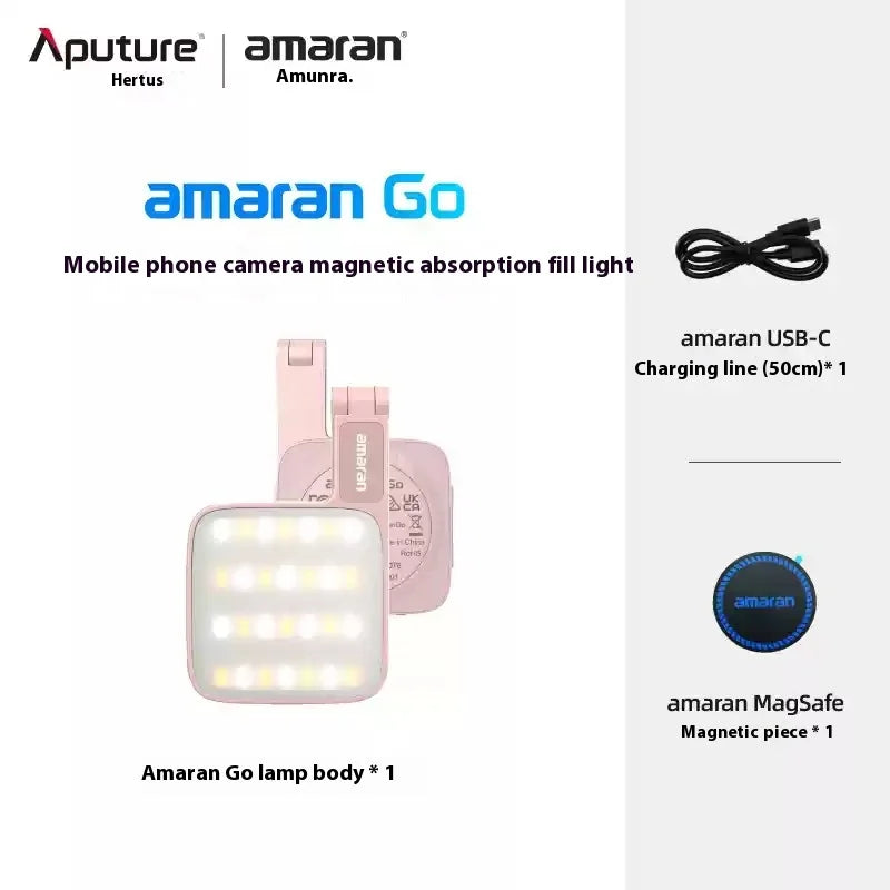 Pink square magnetic LED fill light for mobile phones, including a USB-C charging cable and a magnetic attachment disc.