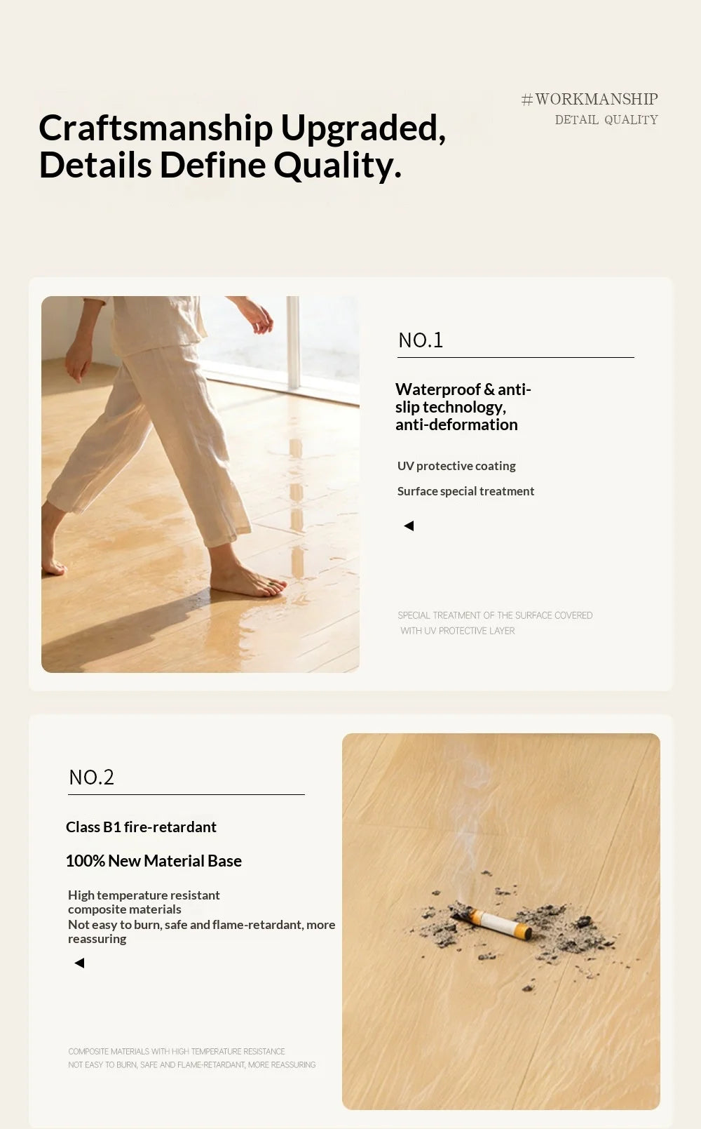 Light wood-look SPC click flooring shown with close-up surface and small debris detail