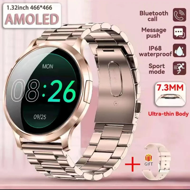 Women’s ultra-thin AMOLED smart watch, gold-tone steel link band, round black display