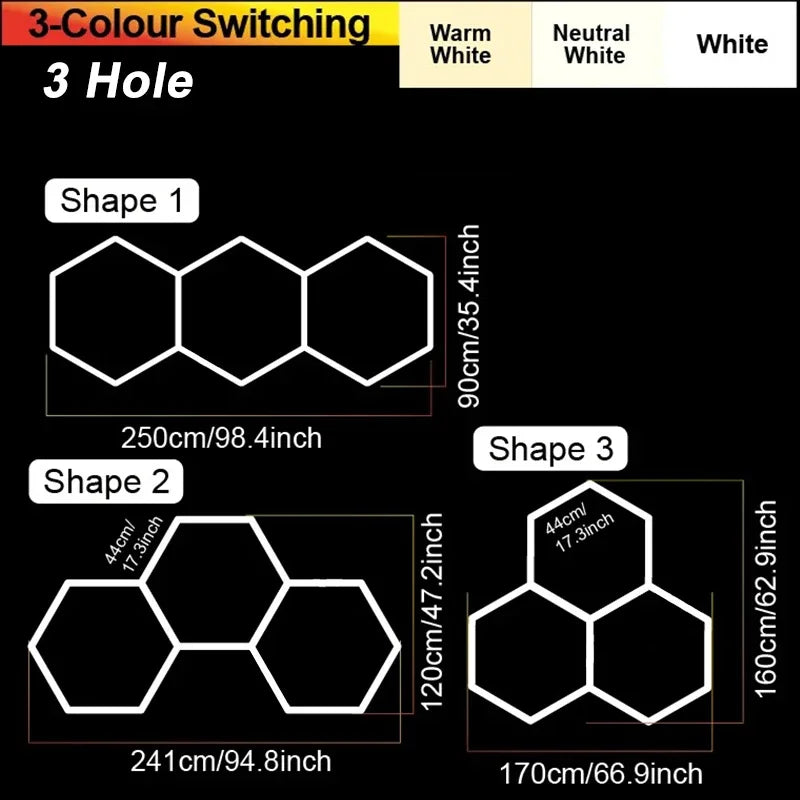 3-hole hexagon LED ceiling light layout diagrams with multiple shapes