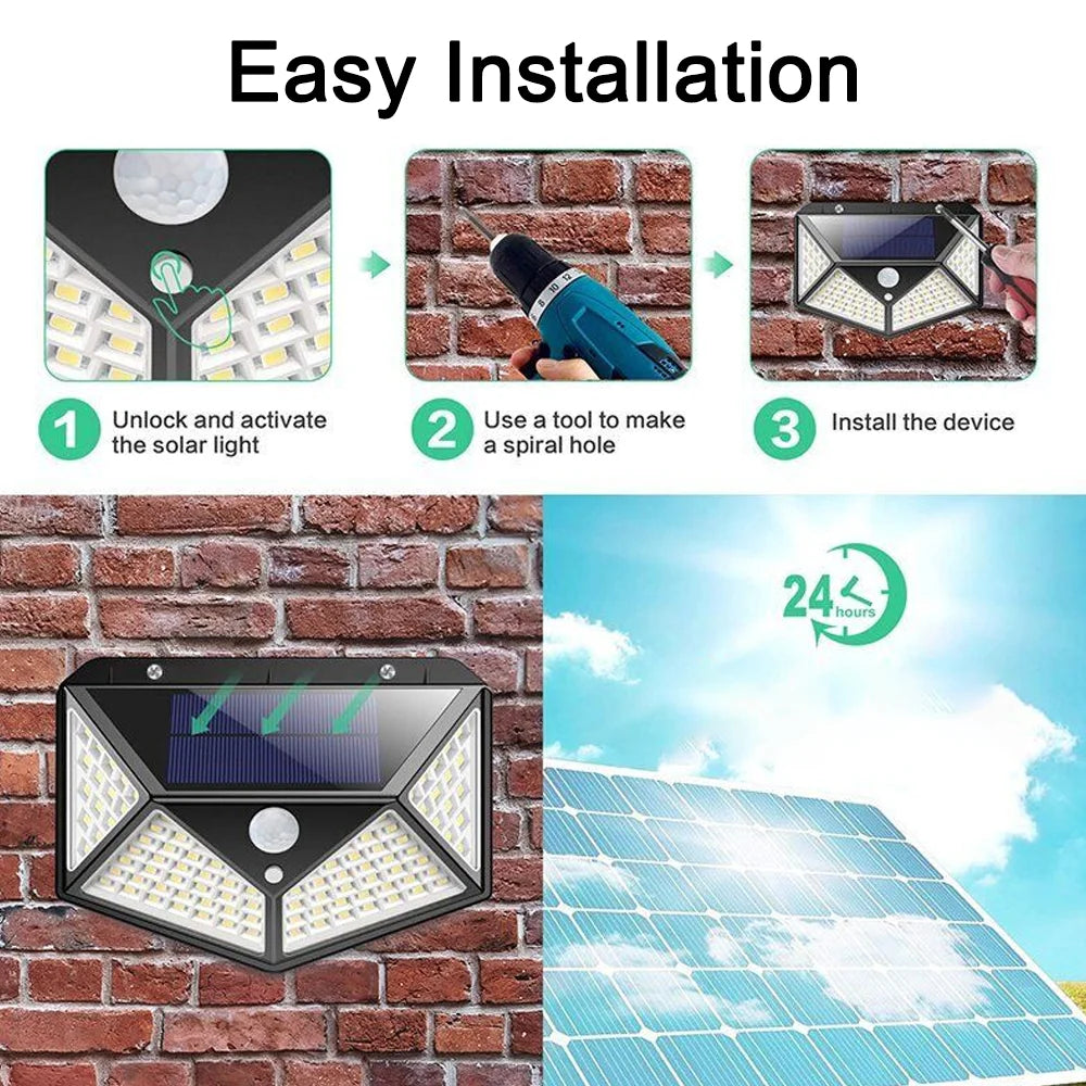 Solar Wall Lamp Outdoor Solar 100 LED Light 4 Sided Luminous Motion Sensor Waterproof Sunlight Garden Courtyard Decor Lighting
