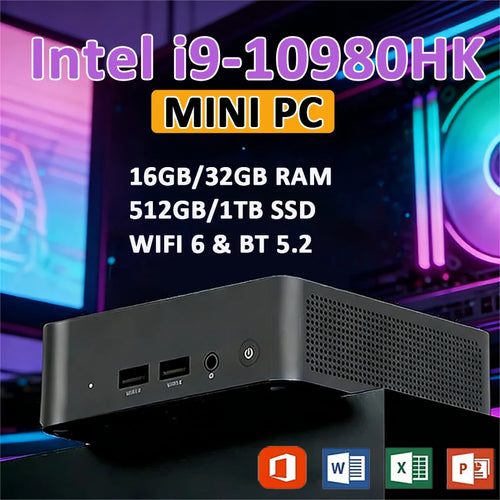 Black, low-profile square mini PC with side ventilation, dual USB ports, headphone jack, and power button.