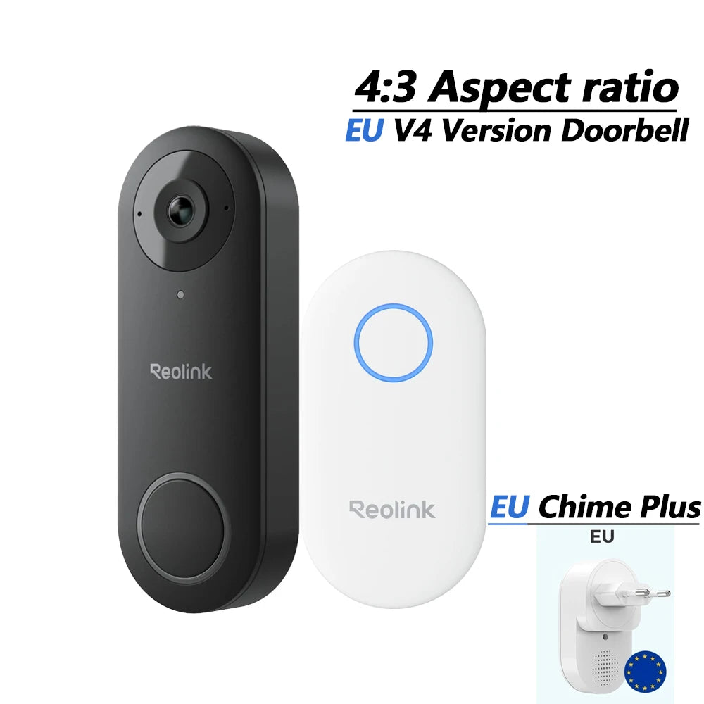 Reolink 2K+ wired video doorbell with EU Chime Plus white chime and dark gray door unit