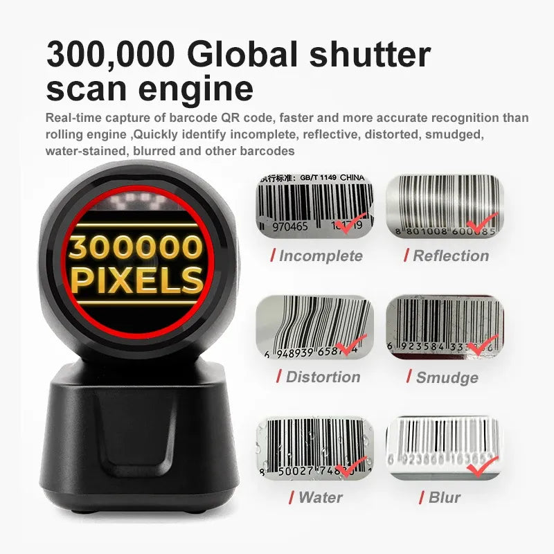 Desktop barcode scanner front view with red scanning window on black base
