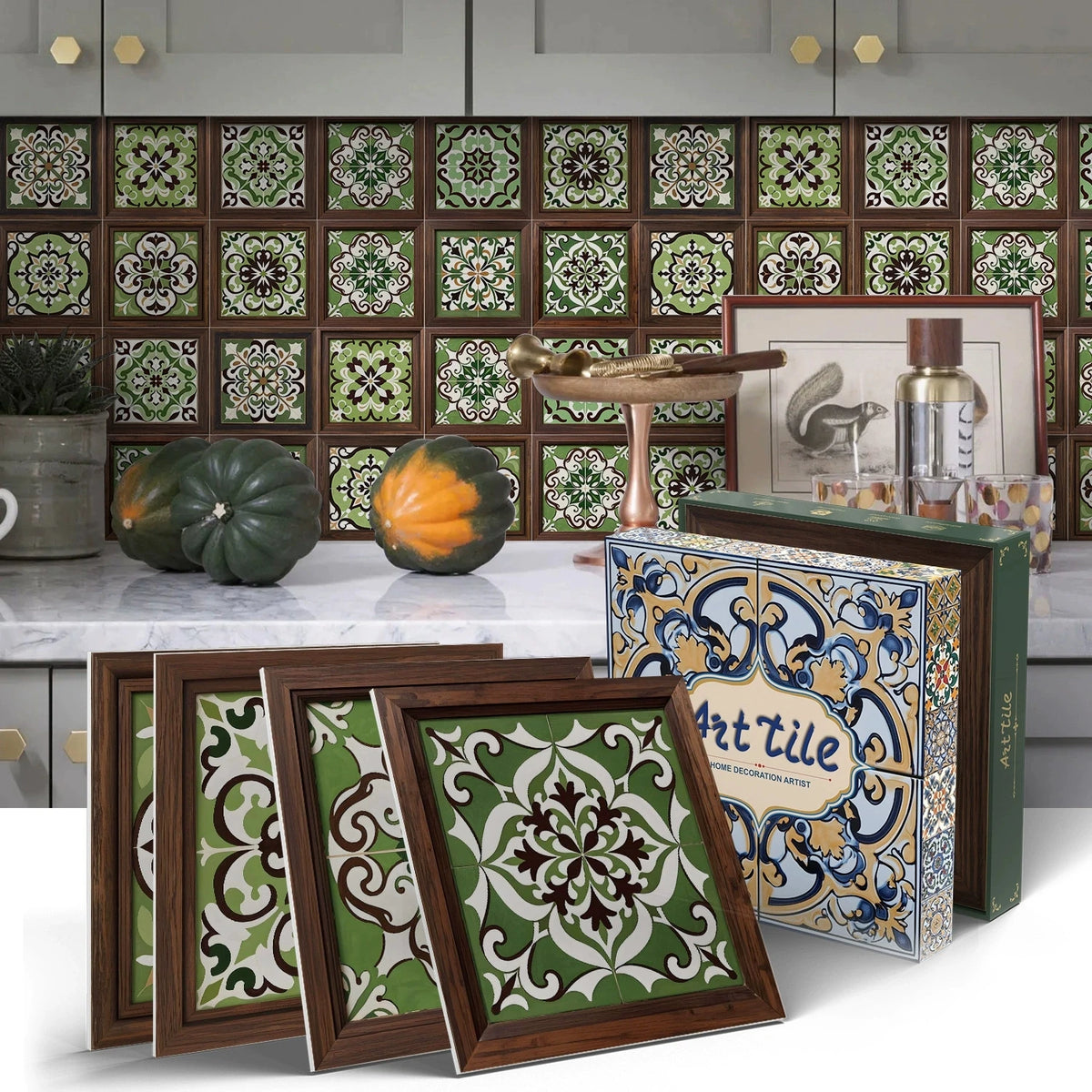 Peel-and-stick mosaic tile sticker sheets with green quatrefoil floral designs in framed squares
