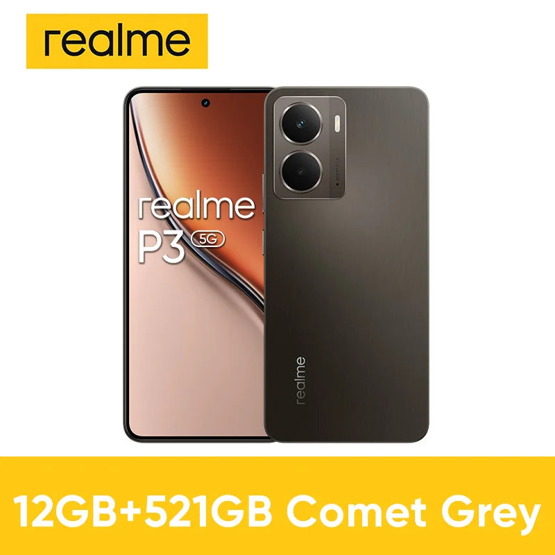 Realme P3 5G Comet Grey smartphone, 120Hz AMOLED display, 50MP AI camera, front and back view, 5G Android mobile.