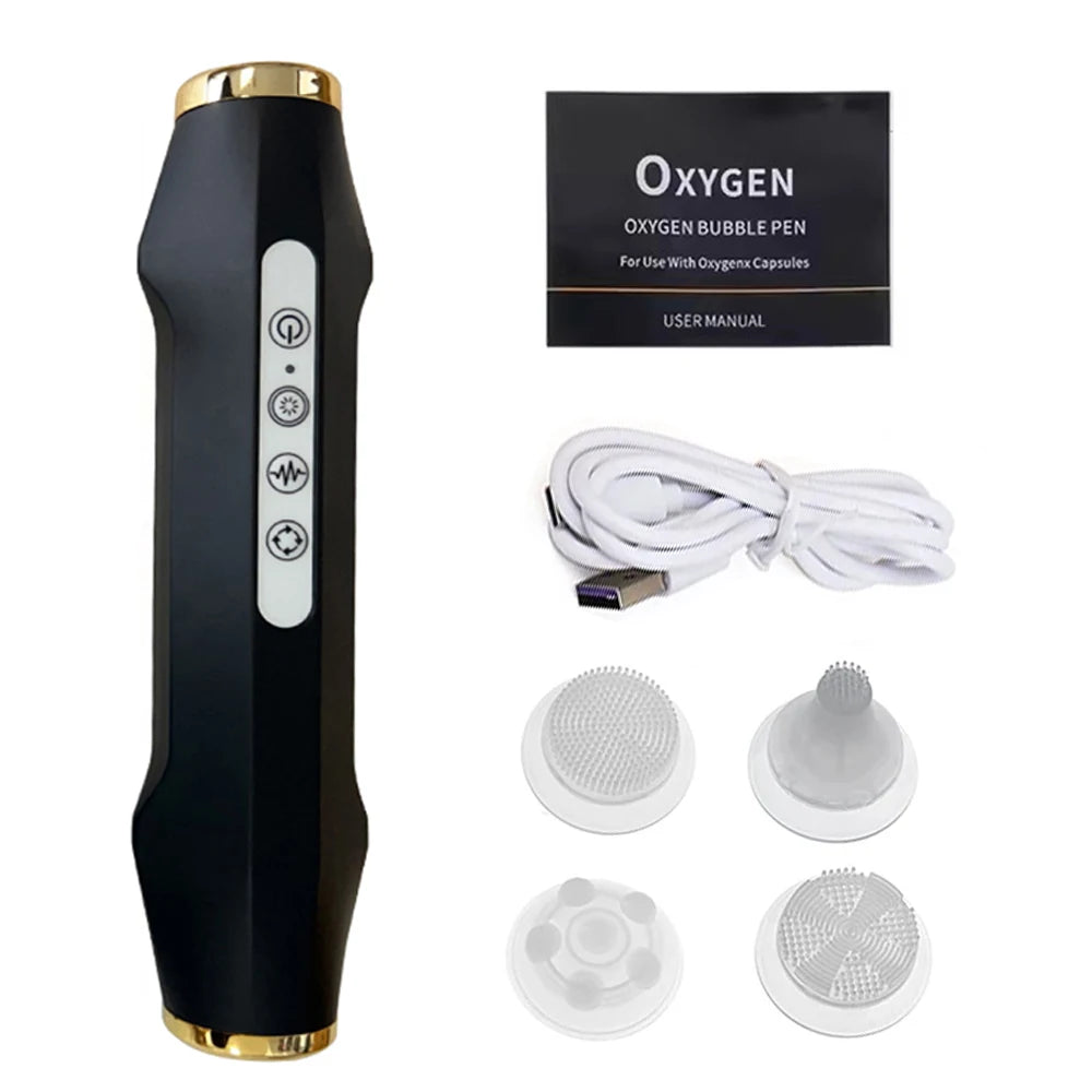 Black and gold CO2 oxygen bubble facial machine with four massage heads, charging cable, and user manual.