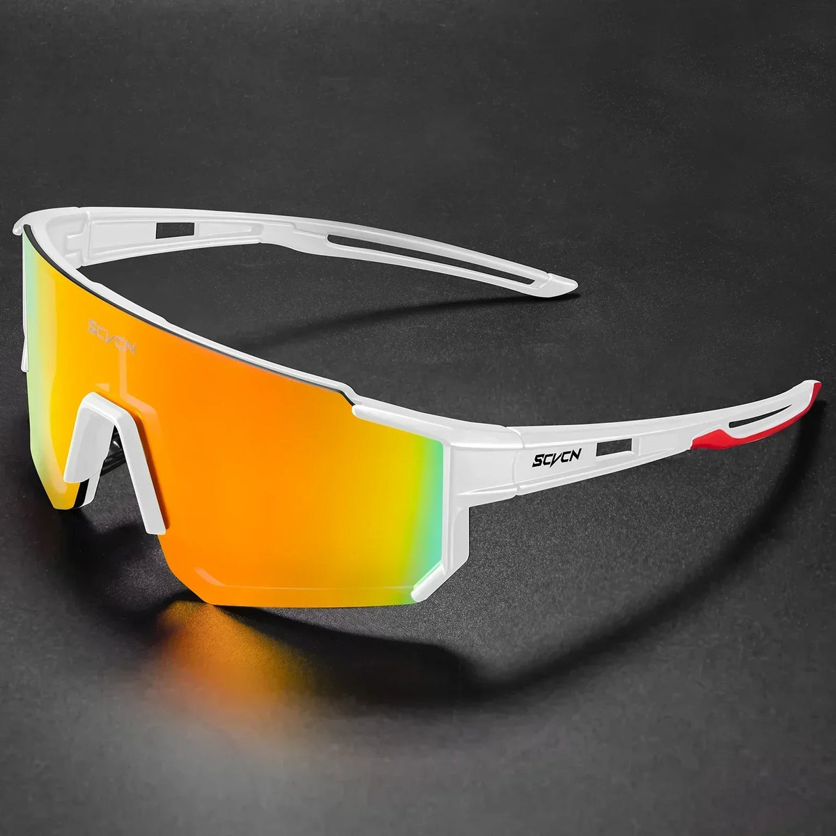 White cycling sunglasses with orange mirrored lens and wraparound sports frame