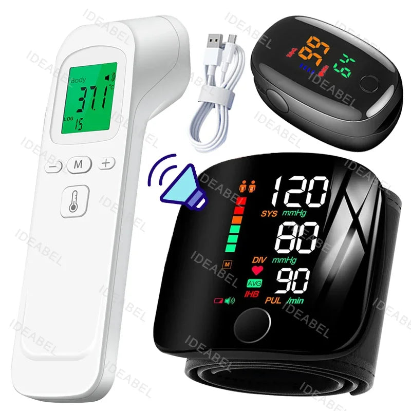 Wrist Blood Pressure Monitor LED Rechargeable English Voice Broadcast Tonometer BP Monitor Forehead Digital Thermometer