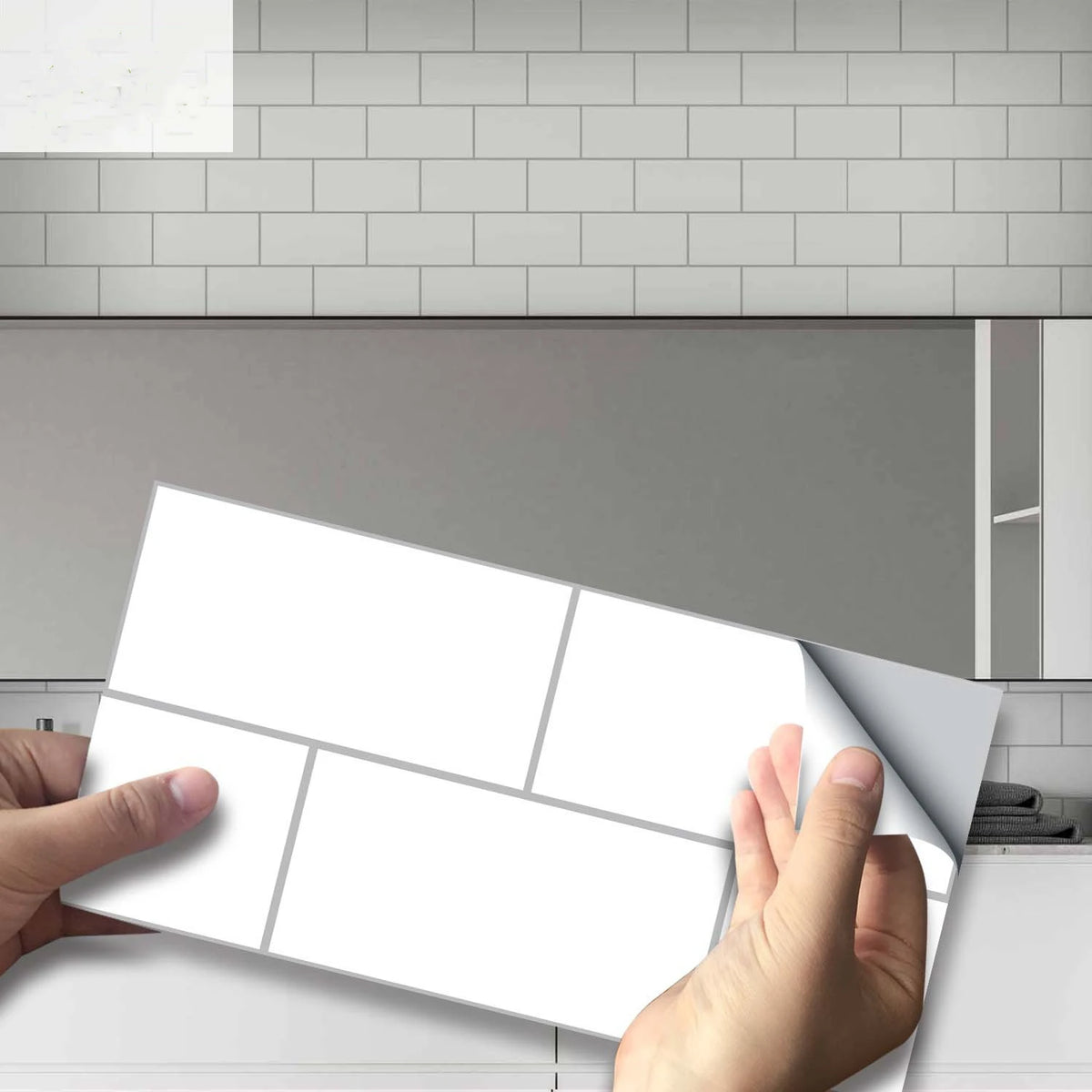 Peel-and-stick brick tile sticker sheet, white rectangle tile pattern.