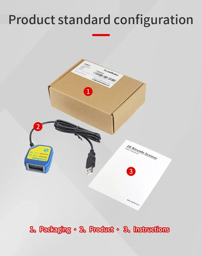 Barcode scanner kit with blue scanner, cable, and instruction card in a box