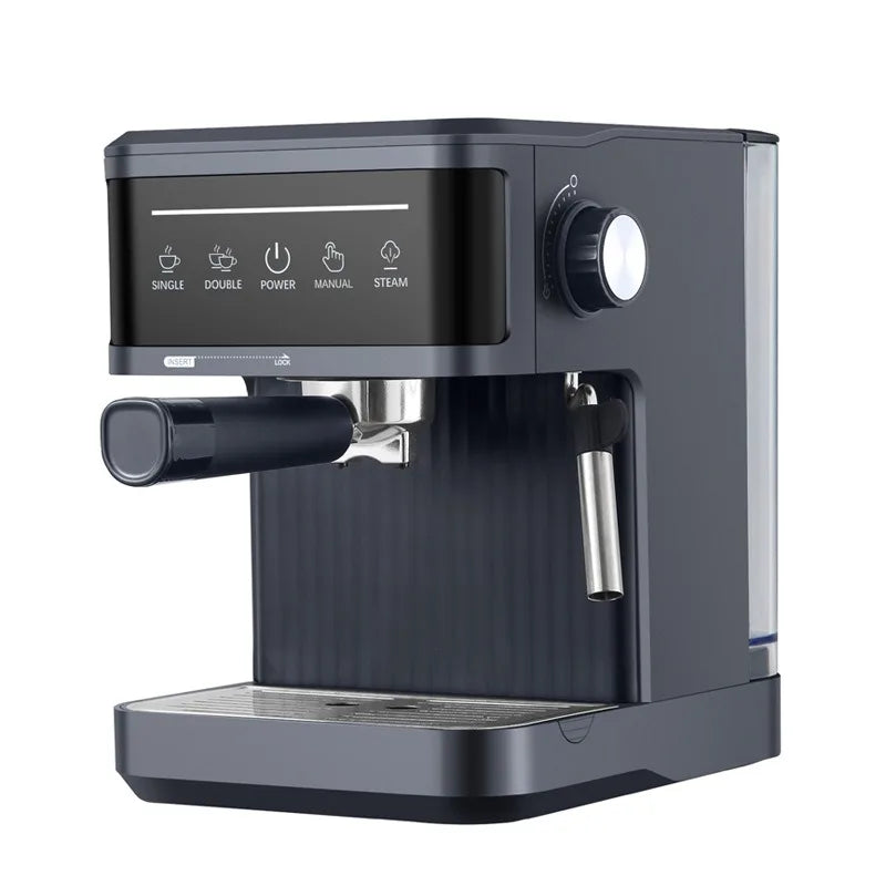 Modern matte grey espresso machine with touch control panel, portafilter, and integrated milk steam wand.