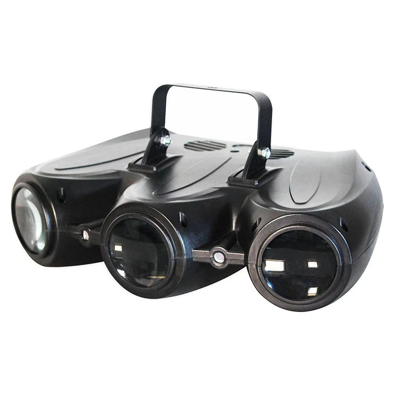 Black three-head LED stage light projector with dual lens openings and carry handle