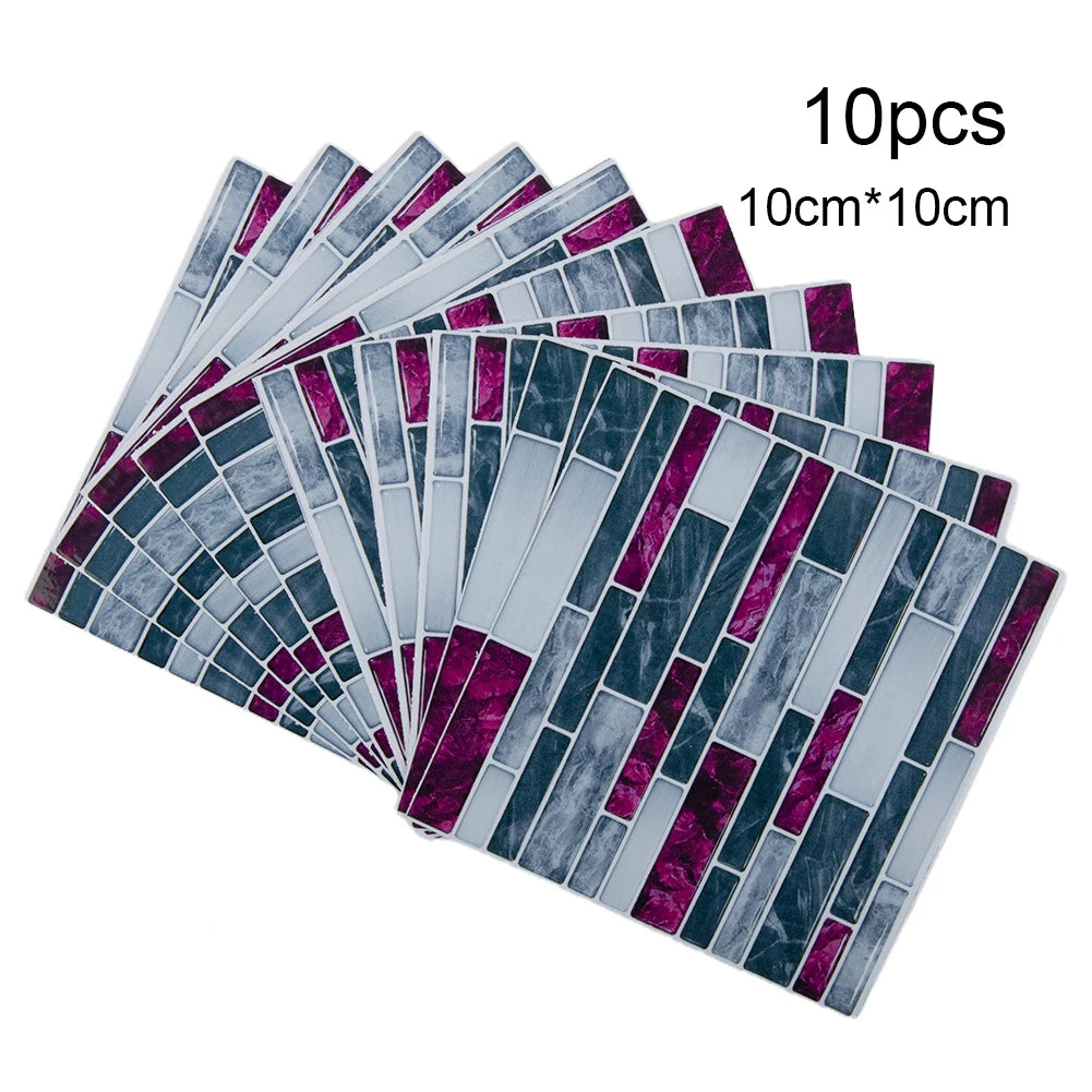 3D mosaic tile sticker fan with blue-gray tiles and vivid purple glass insets