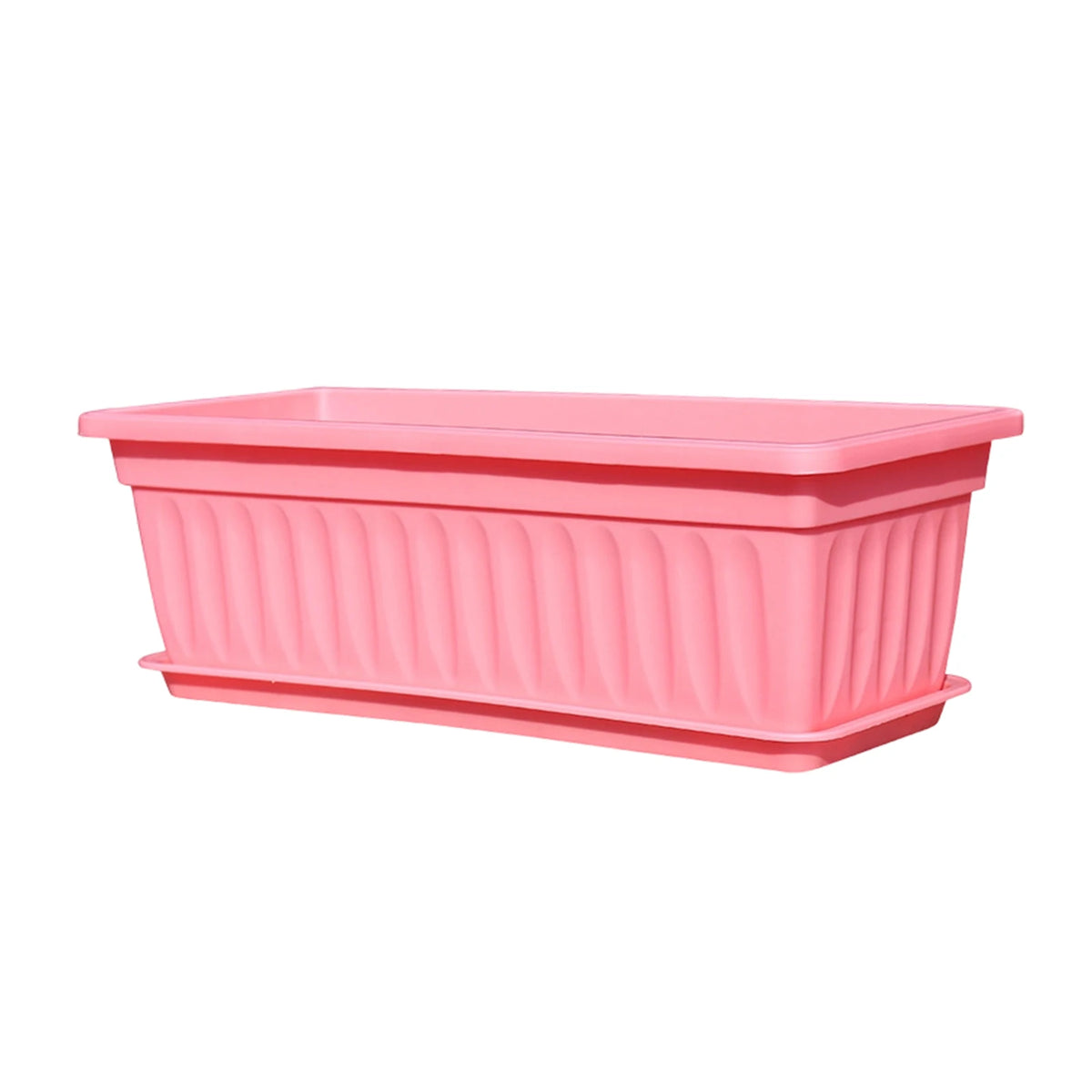 Pink rectangular plastic planter pot with ribbed sides and wide lip.