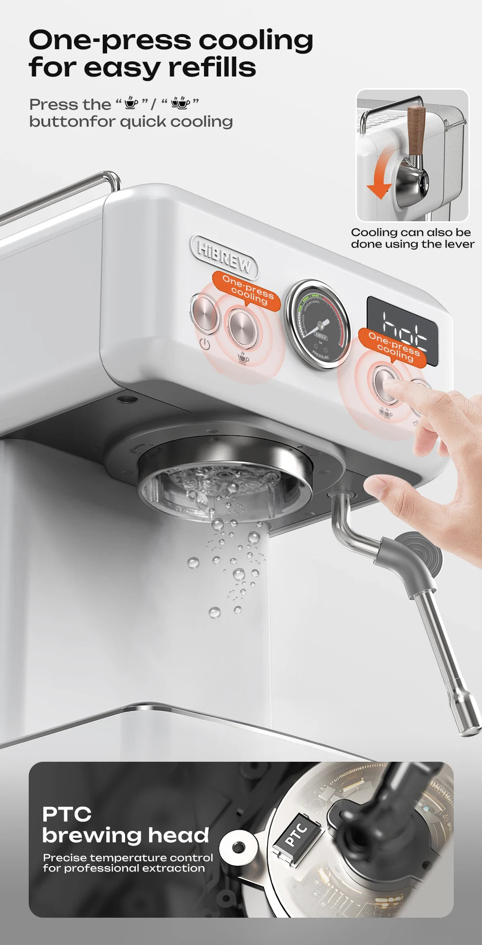 HiBrew white espresso machine with one-press cooling feature, pressure gauge, steam wand, and PTC brewing head.