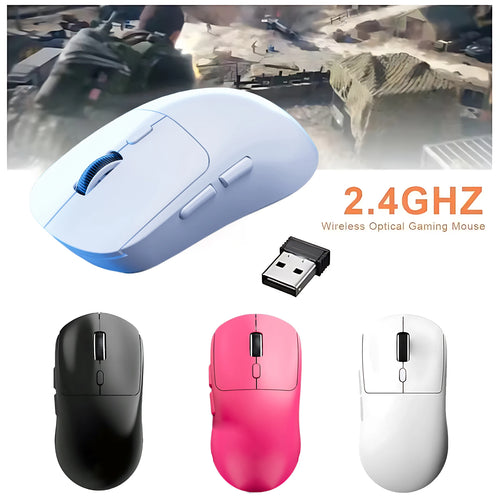 M348 wireless gaming mouse in black, pink, and white. Features ergonomic shape, side buttons, and USB receiver.