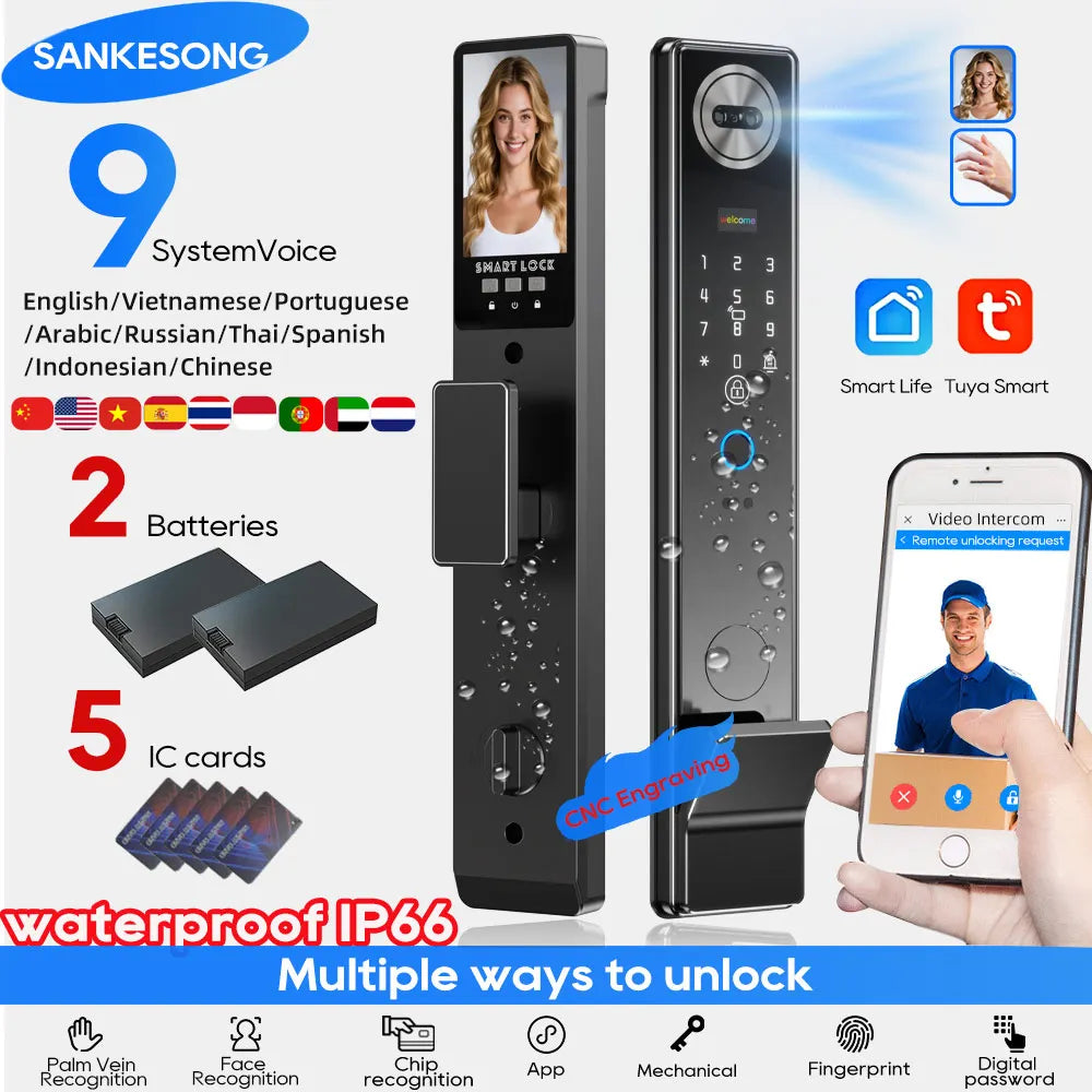 SANKESONG Smart Lock Real Time Intercom Wifi Camera Fingerprint Intelligent Palm Vein 3D Face Recognition Door Lock  DualBattery