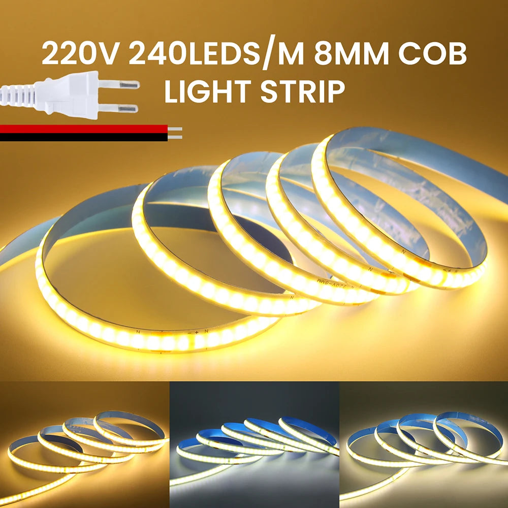 COB LED Strip Light Power Kit 220V 110V AC 3000K 4000K 6000K 2pin 240LEDs/m with IC Driver IP20 8mm PCB Dimmable Linear Lighting