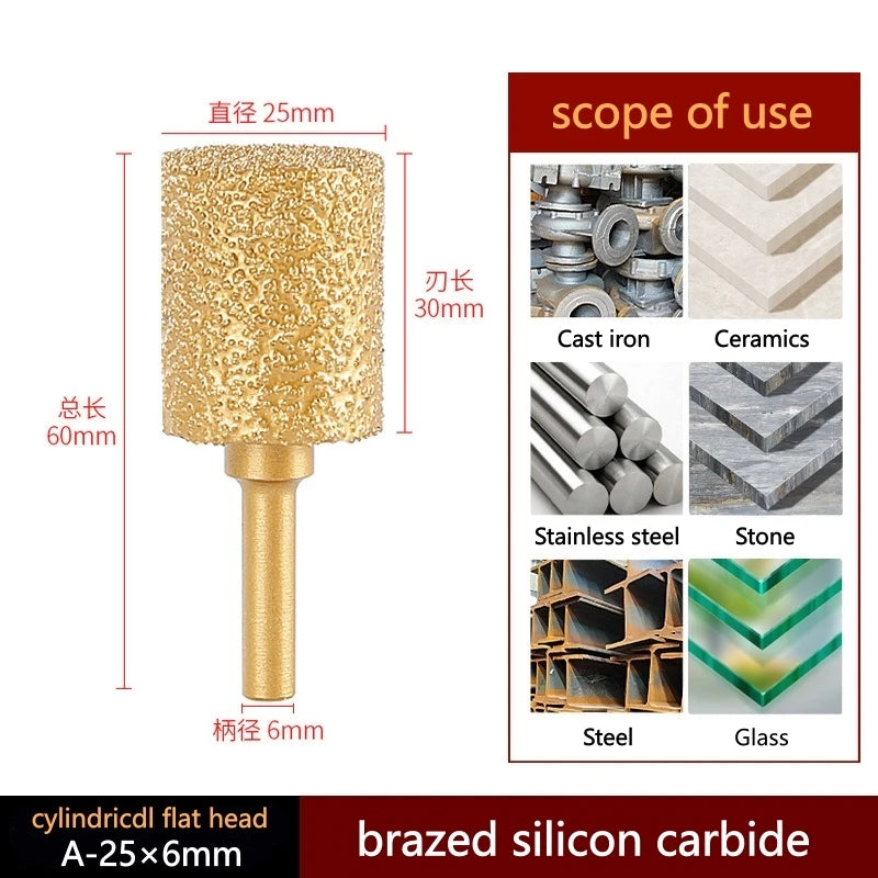 Brazed silicon carbide grinding head, cylindrical round top on 6 mm shank; gold; 25 mm.